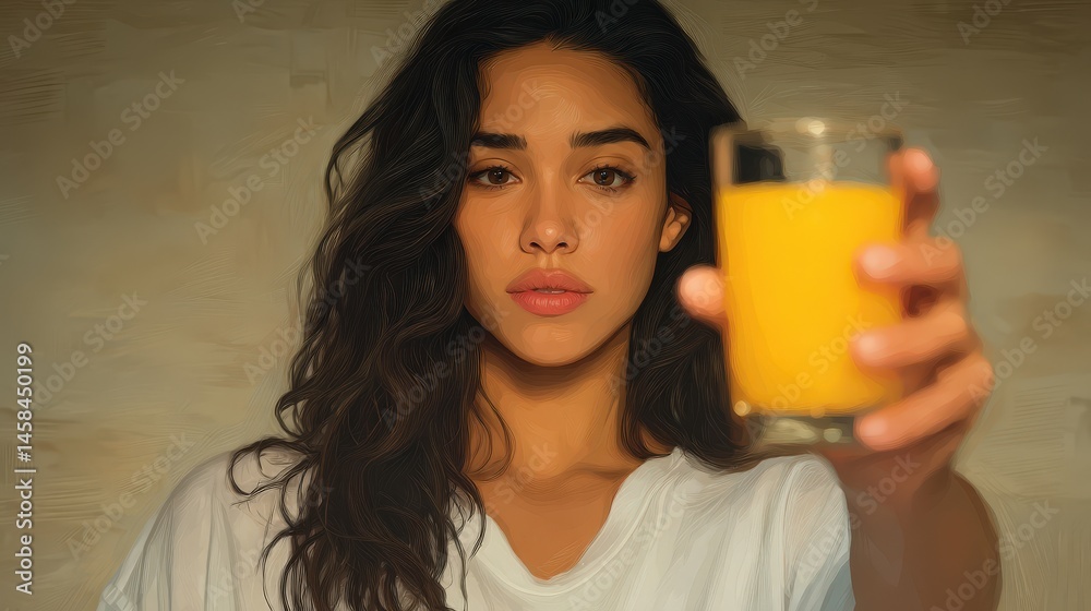 Beautiful black hair girl drinking orange juice Beautiful black hair girl drinking orange juice