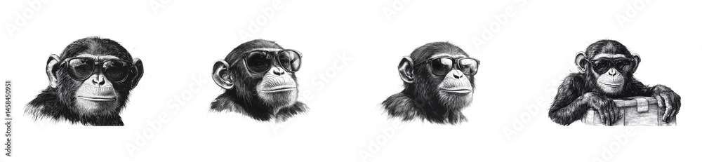 Fototapeta premium Chimpanzees Wearing Sunglasses, Furry Mammals, Animal Portraits, cut out transparent