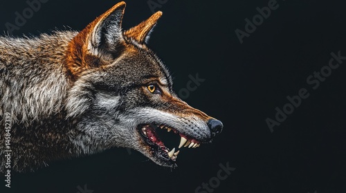 Close-up profile of a snarling wolf against a dark background, showing its teeth and fur detail.