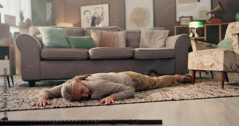 Home, senior woman and fainting on floor with walking stick, accident ...