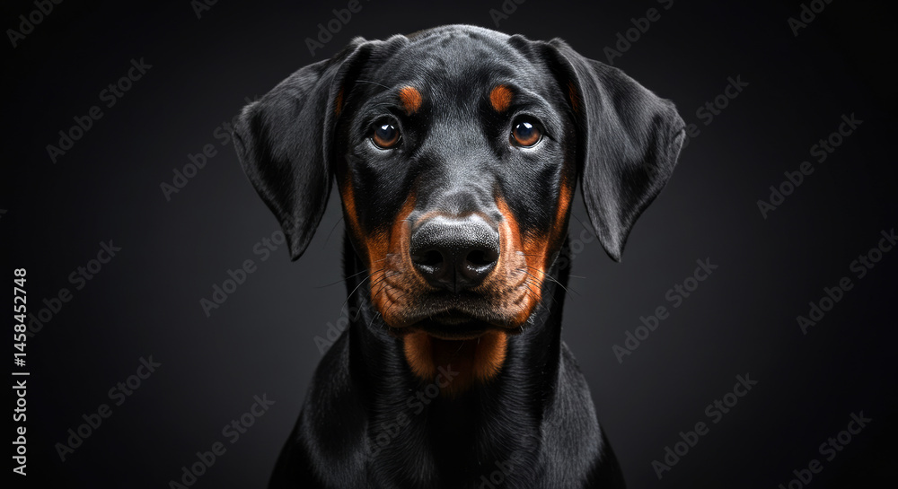A Black Doberman puppy portrait captures its alert and intense gaze, the subtle play of shadow enhancing the sleek lines of its muscular build against a dark backdrop A Black Doberman puppy portrait captures its alert and intense gaze, the subtle play of shadow enhancing the sleek lines of its muscular build against a dark backdrop