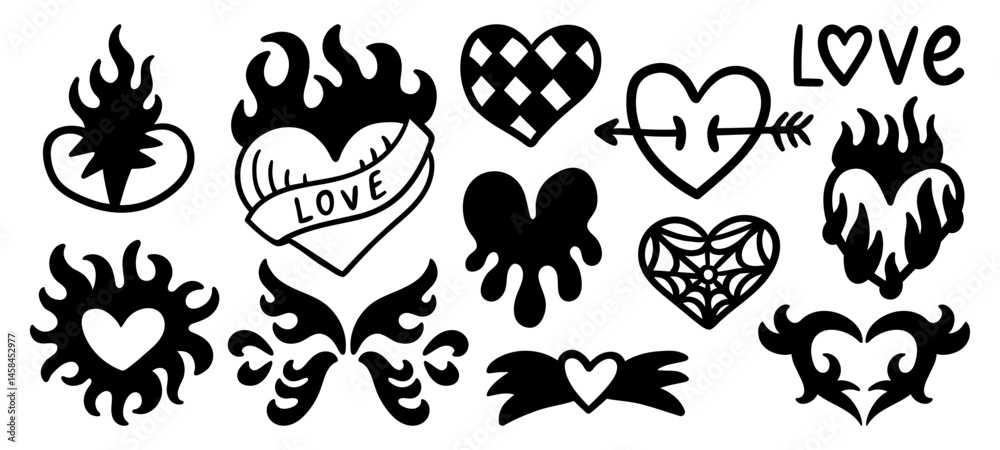 Fototapeta premium Emo toxic love hearts collection. Cute hand-drawn emo stickers, tattoo art elements. Creepy love doodle concept set. Vector illustration.
