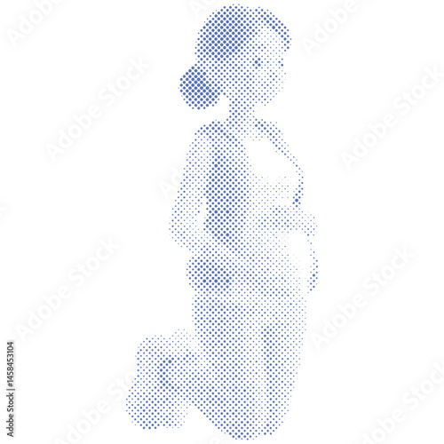 A pregnant woman with pregnancy belly cartoon in halftone style retro modern