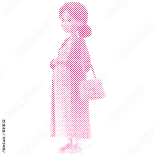 A pregnant woman with pregnancy belly cartoon in halftone style retro modern