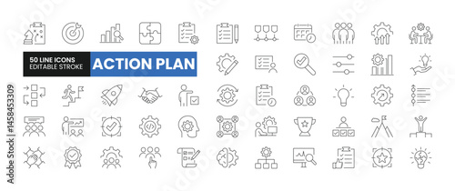 Set of 50 Action Plan line icons set. Action Plan outline icons with editable stroke collection. Includes Resources, Objectives, Strategy, Teamwork, Schedule, and More.