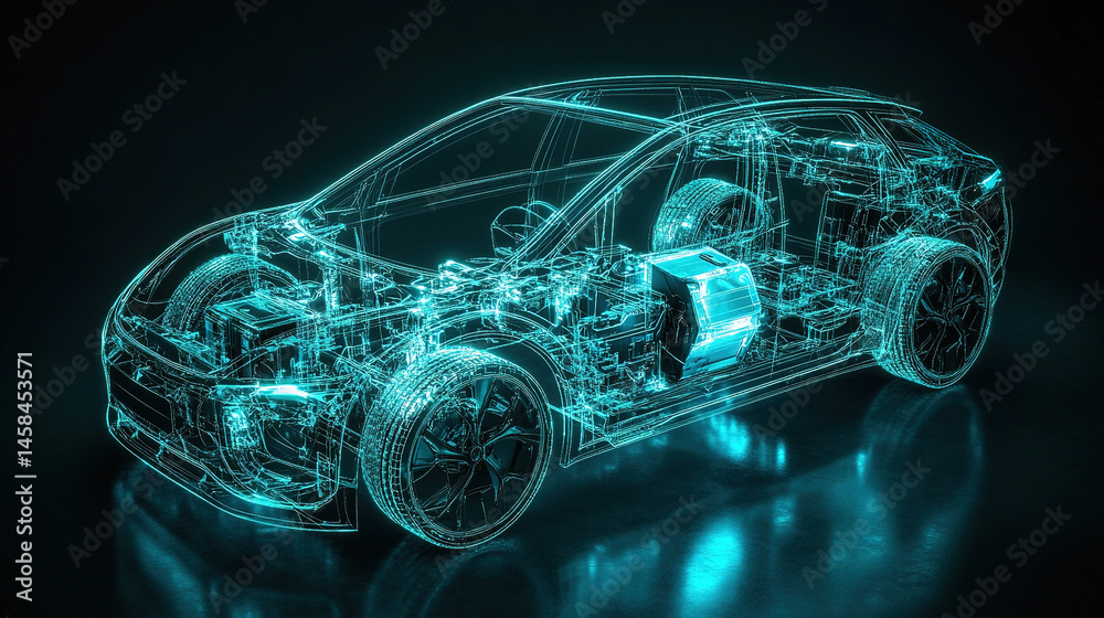 Naklejka premium line art 3D illustration displays a modern electric car chassis x-ray, revealing the vehicle battery in a studio environment
