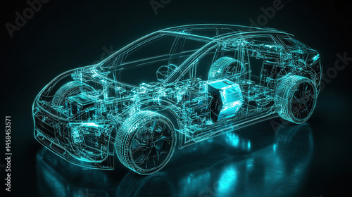 line art 3D illustration displays a modern electric car chassis x-ray, revealing the vehicle battery in a studio environment