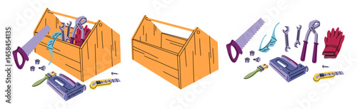 Cartoon Wooden Empty and Full Open Construction Toolkit Boxes Set Repair Master Implement Tool Box Concept Flat Design Style. Vector illustration
