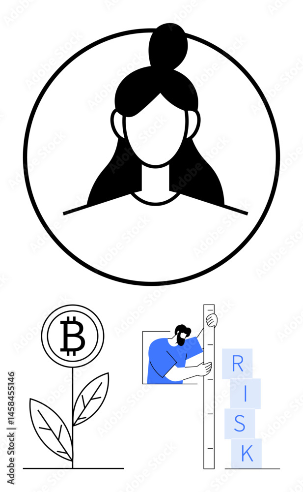 Minimalist portrait of a woman, bitcoin plant symbolizing cryptocurrency growth, and a man measuring blocks labeled risk. Ideal for finance, growth, investment, strategy, cryptocurrency, education Minimalist portrait of a woman, bitcoin plant symbolizing cryptocurrency growth, and a man measuring blocks labeled risk. Ideal for finance, growth, investment, strategy, cryptocurrency, education