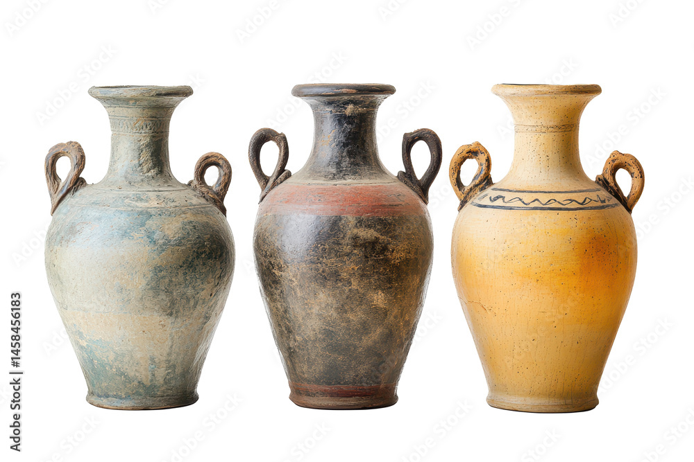 Set of old amphorae isolated image perfect for ancient pottery guides or cultural heritage graphics Set of old amphorae isolated image perfect for ancient pottery guides or cultural heritage graphics