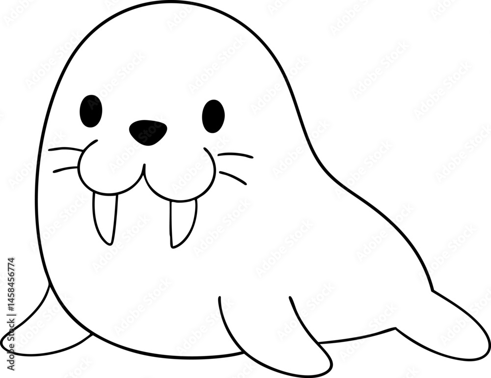 Fototapeta premium Cute cartoon seal with playful expression, featuring whiskers and tusks