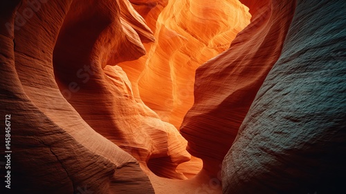Sunlit sandstone formations and winding narrow passageways in antelope canyon, arizona, showcasing vibrant red and orange hues for a stunning desert landscape background photo