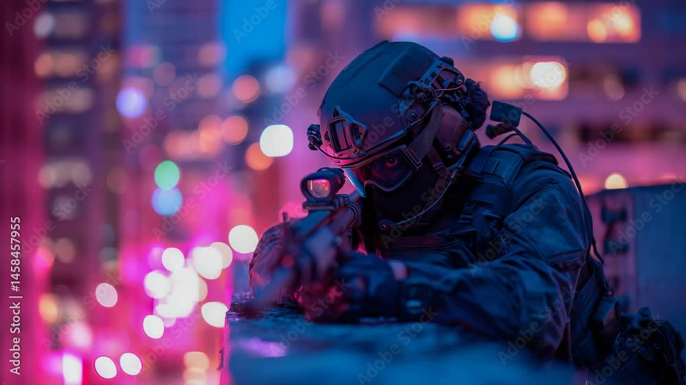 Urban Night Sniper Tactical Soldier in City Lights Urban Night Sniper Tactical Soldier in City Lights