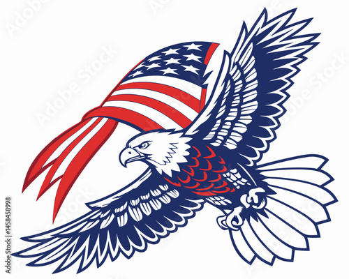 American eagle, a symbol of the USA, flies with the American flag, its powerful wings an iconic vector illustration