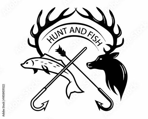 Majestic deer antlers frame a fish and deer hunt emblem symbolizing the thrill of the wild bold black silhouette design