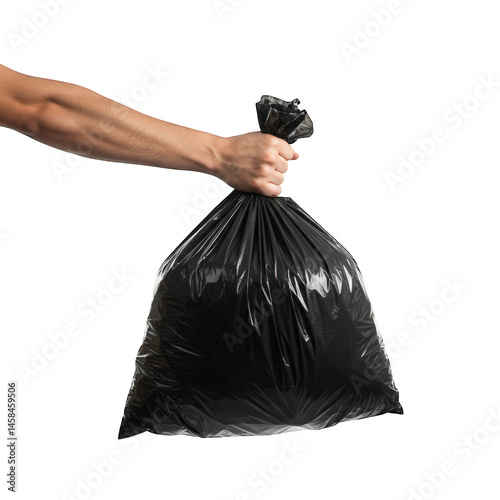 Black Garbage Bag Held Up by Hand, Isolated on Transparent Background.
