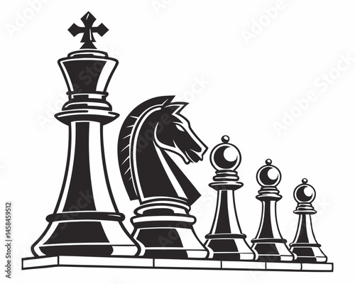 Majestic chess pieces King knight pawns in strategic formation Bold black white vector illustration classic style