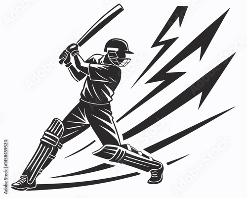 Powerful Cricket Batsman Striking Dynamic Action Pose Black and White Vector Graphic Bold Style Sport Illustration