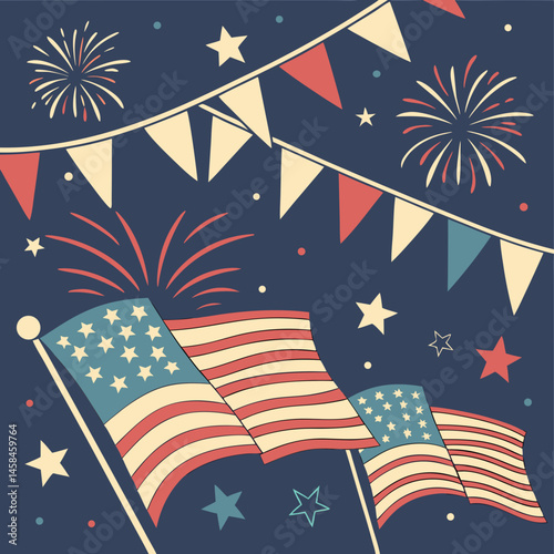 Fourth of July fireworks light up the night sky with red, white, and blue in a patriotic illustration celebrating US independence day