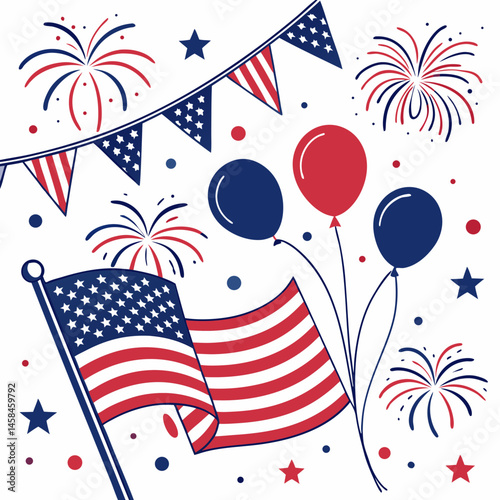 Fourth of July celebrations feature patriotic fireworks exploding over the US flag, a symbol of America's independence day on this national holiday