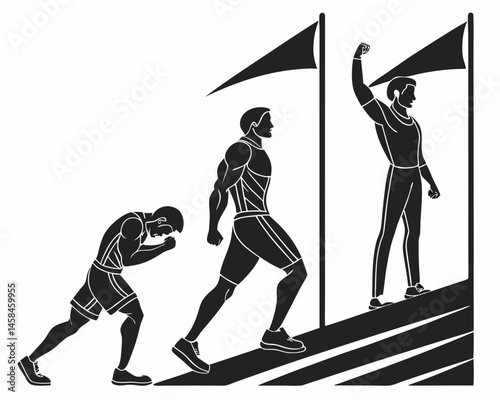 Triumphant Athlete Reaching Victory From Defeat to Victory Perseverance Success Black and White Illustration