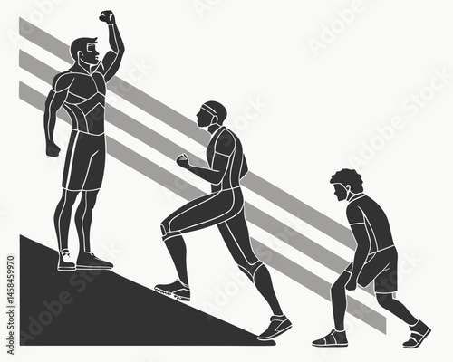 Champion s Ascent Three athletes climb one celebrates victory Dynamic silhouettes against a gray striped background