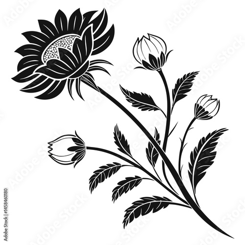 Black and white floral vector pattern design features a vintage flower silhouette with leaf elements