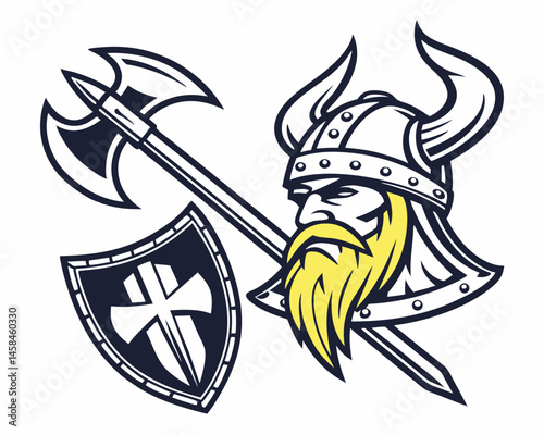 Powerful Viking warrior with axe and shield fierce expression bold lines classic design vector illustration strong