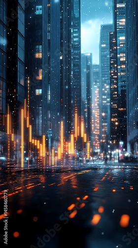 Futuristic cityscape at night, showcasing illuminated skyscrapers and dynamic data visualizations on the street