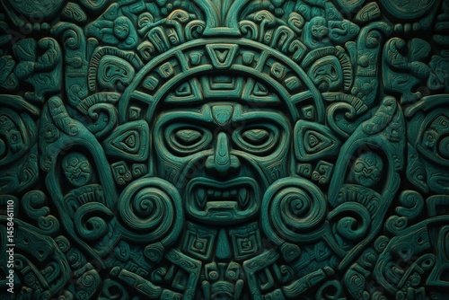 Intricate green Aztec-style stone carving featuring a fierce face surrounded by detailed symbolic patterns and ancient motifs.