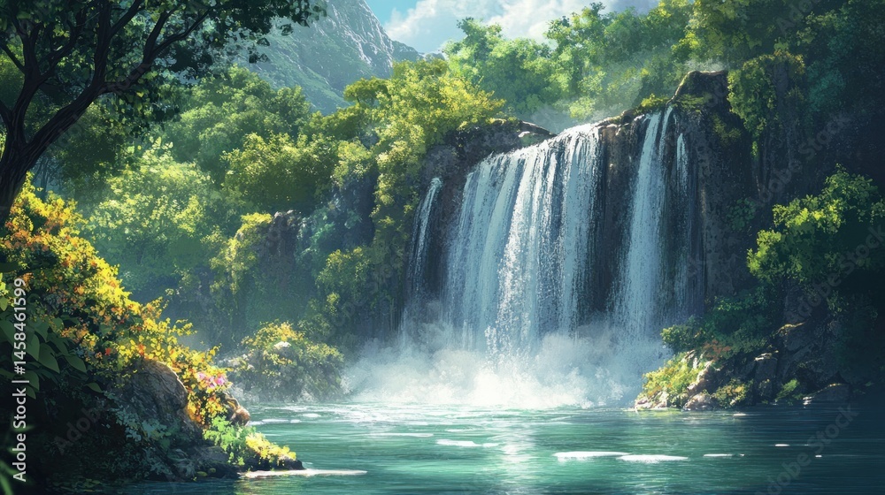 Serene Waterfall in Lush Tropical Paradise: A Digital Painting Serene Waterfall in Lush Tropical Paradise: A Digital Painting