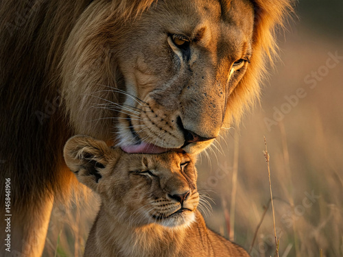 A lion father grooming a cub with affectionate licks