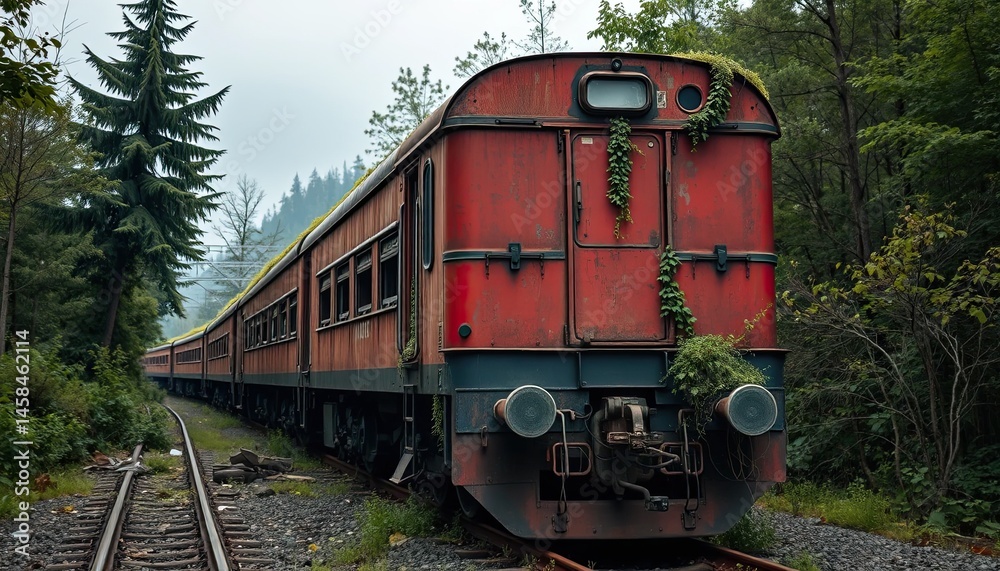 Obraz premium Rusty red train in forest