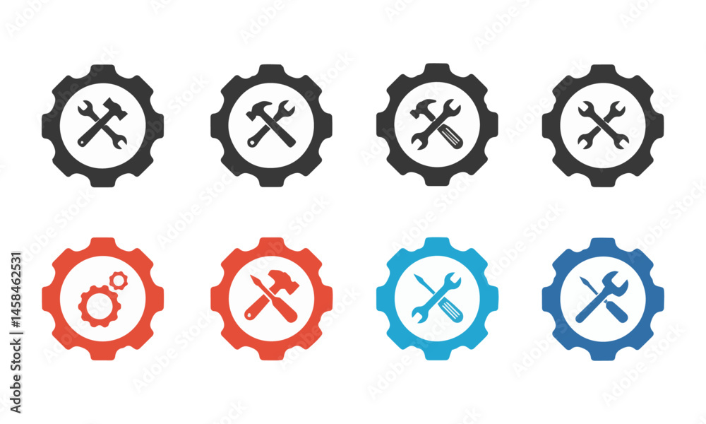 Obraz premium Eight gear icons (black, red, blue) with crossed hammer/wrench or screwdriver/wrench inside.
