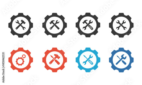 Eight gear icons (black, red, blue) with crossed hammer/wrench or screwdriver/wrench inside.