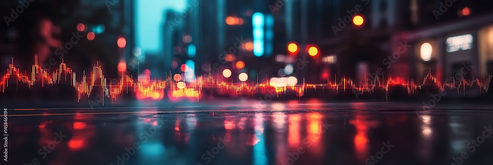 Cityscape at night, reflected in wet street, overlaid with a dynamic, pulsating graph Cityscape at night, reflected in wet street, overlaid with a dynamic, pulsating graph
