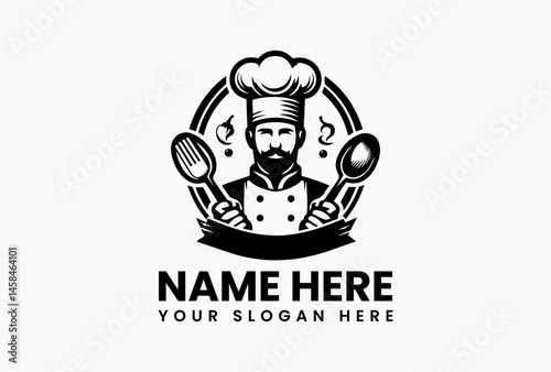 Hand-drawn chef with rustic utensils in a wheat-and-vine frame, artisanal vector logo for farm-to-table brands 