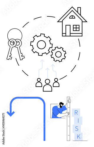 Keys, gears connecting people to a house, and a person analyzing risk blocks. Ideal for housing, business, teamwork, strategy, problem-solving, risk management simple landing page
