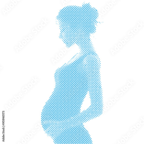A pregnant woman with pregnancy belly in halftone style retro modern