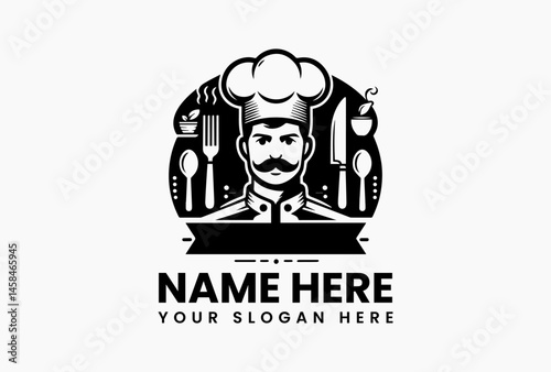Abstract chef’s hat formed by knife and fork within a geometric wheat circle, modern vector logo for food tech  