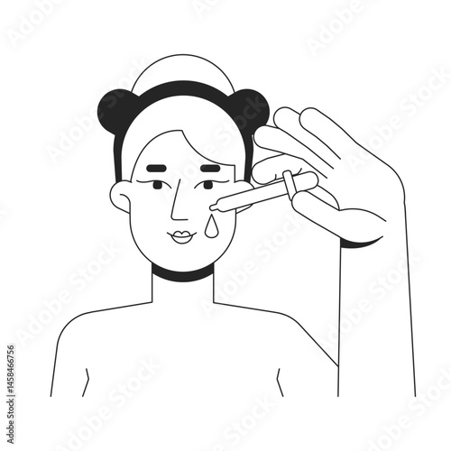 Blonde woman applying facial serum with dropper outline illustration. Hydration skincare. Glowing skin. Caucasian white female 2D line character isolated on white. Monochrome vector ink linear image