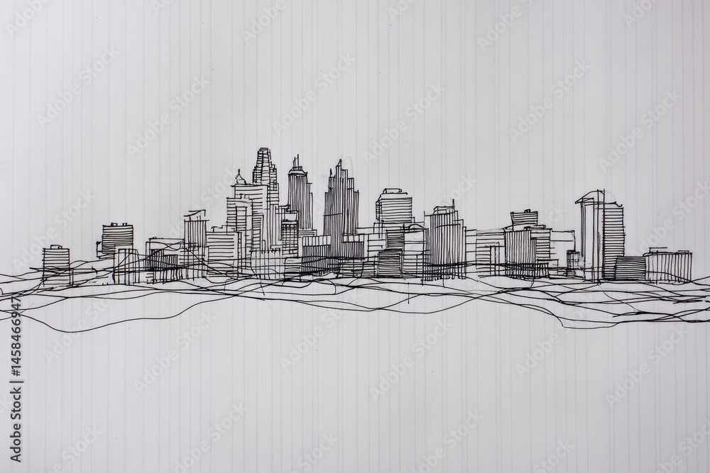 Fototapeta premium City Skyline Ink Drawing Features Flowing Continuous Line Art Representing Urban Landscape at Dusk Generative AI