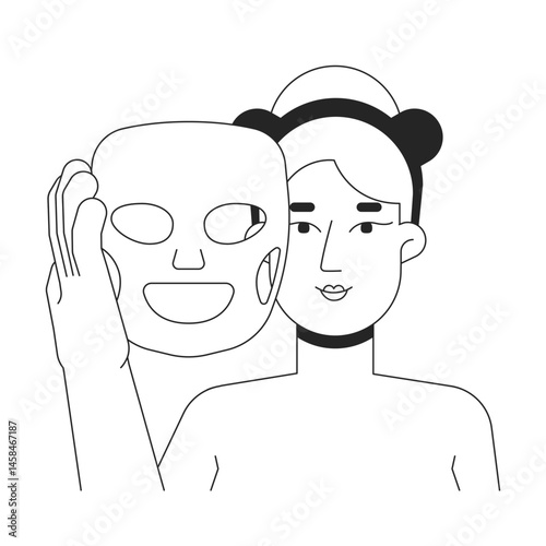 Blonde woman holding facial sheet mask outline illustration. Rejuvenation skin care. Caucasian white female applying face mask 2D line character isolated on white. Monochrome vector ink linear image