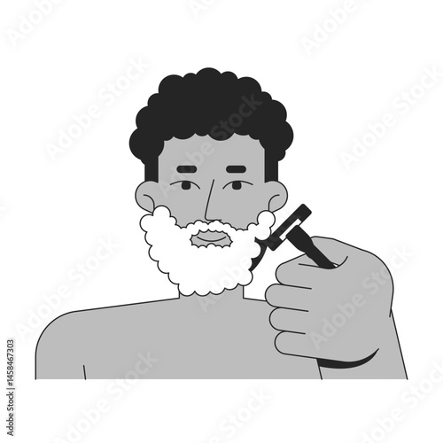 Black man using shaving cream and razor to groom beard outline illustration. Skin routine. African american male hygiene 2D line character isolated on white. Monochrome vector ink linear image