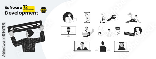 Software development characters outline illustrations mega bundle. Diverse developers technology. Programmers, app builder 2D linear images isolated. Collection black and white vector drawings