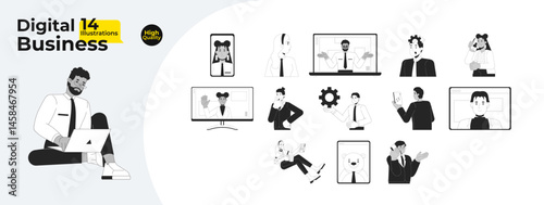 Digital business communication and remote work outline illustrations mega bundle. Virtual meetings, video call. Diverse employees 2D linear images isolated. Collection black and white vector drawings