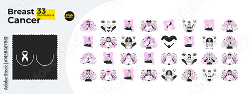 Floral breast cancer awareness outline illustrations mega bundle. Self examination, solidarity. Diverse women with pink ribbons 2D linear images isolated. Collection black and white vector drawings
