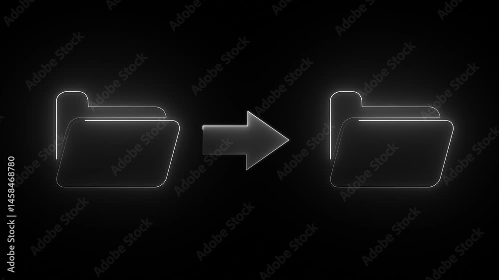 Glowing neon file folder sign. Glowing neon Folder icon isolated on black background. Animation of folder opening and closing.file transferring 0 to 100% and 100% to 0% animation .