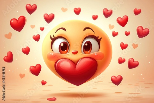romantic emoji character blushing with hearts, surrounded by suitor emojis, cartoon vector