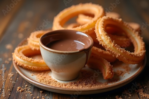 Delicious churros with rich chocolate dip served on a plate with wooden background